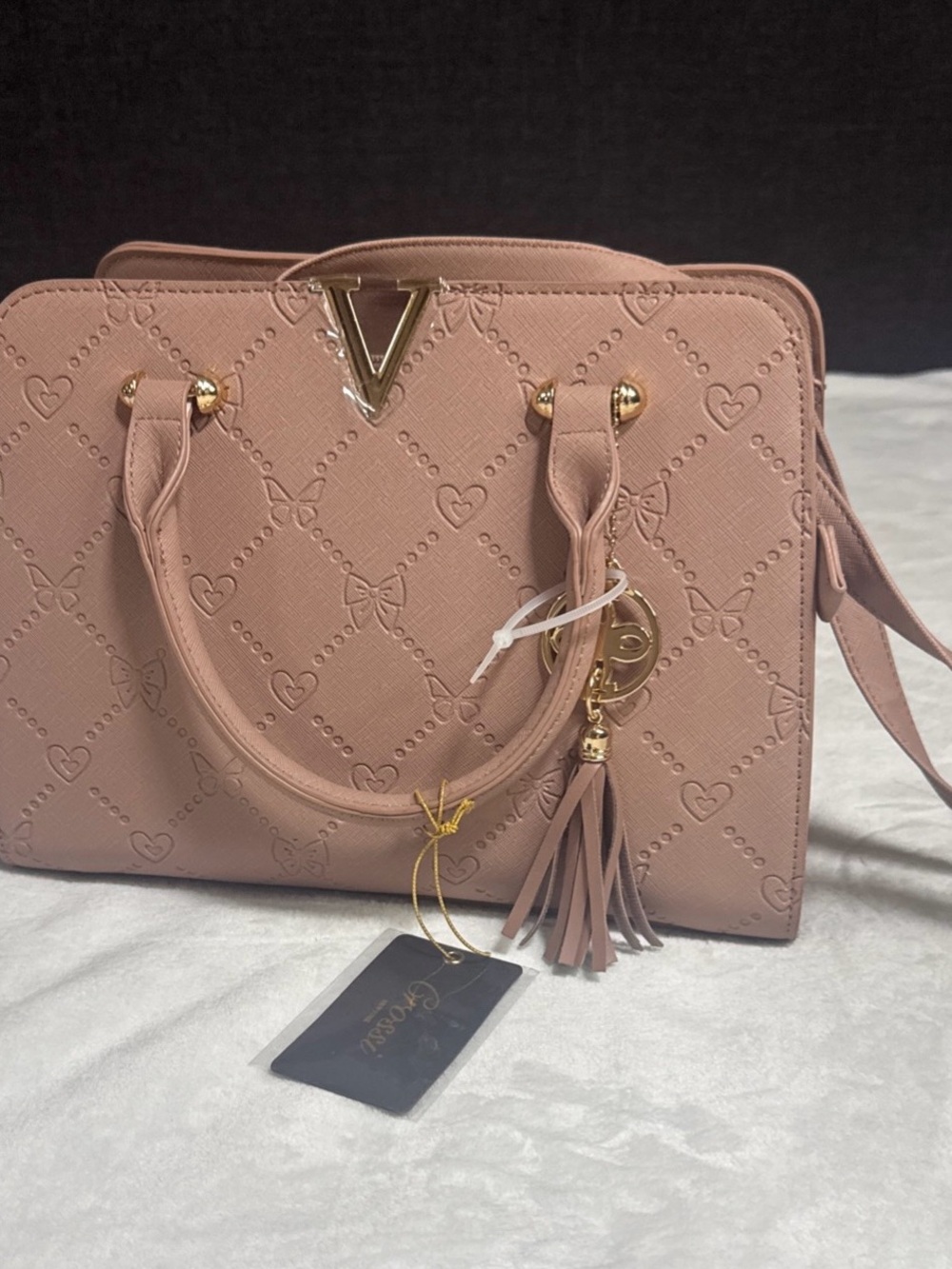 V-Accent Blush Pink Structured Satchel with Tassel Charm